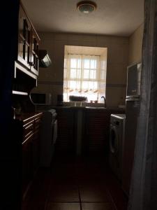 una pequeña cocina con fregadero y ventana en Adega do Golfinho, en Feiteira