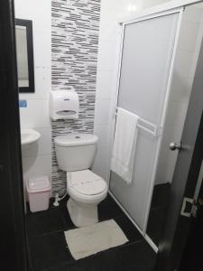 La petite salle de bains est pourvue d'une douche et de toilettes. dans l'établissement Hotel San Adolfo Carepa, à Carepa