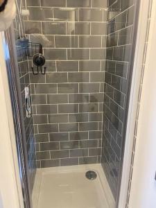 a bathroom with a shower with gray tiles at Adorable bedsit for you, partner and your pet! in Pembrokeshire