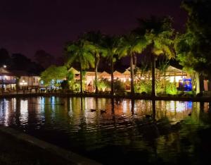 una piscina de agua con palmeras por la noche en Pousada Villa Paolucci, en Tiradentes