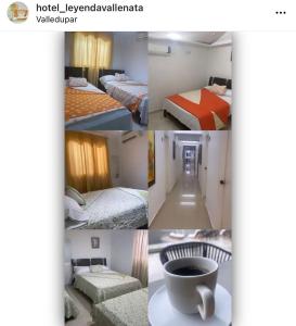 uma colagem de quatro fotos de um quarto de hotel em Hotel La Leyenda Vallenata em Valledupar