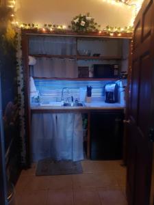 uma cozinha com um lavatório e um micro-ondas em Cute Forest Themed Room With Kitchenette & Wifi em Mena