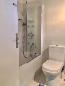 een witte badkamer met een douche en een toilet bij Apartamento em Albufeira in Albufeira