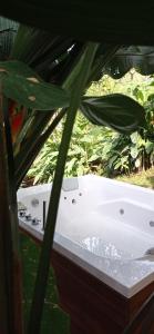 a white bath tub sitting next to a plant at Tierra Negra Suite in Pereira