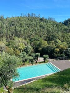 an empty swimming pool with a mountain in the background at Quinta do ribeiro in Arcos de Valdevez