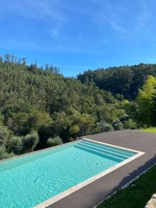 a swimming pool in front of a hill with trees at Quinta do ribeiro in Arcos de Valdevez