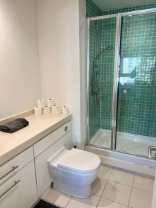 a bathroom with a toilet and a glass shower at Orion building apartments ,OPOSITE GRAND CENTRAL,FREE CAR PARK in Birmingham