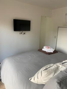 een slaapkamer met een bed en een flatscreen-tv bij PURA VIDA 2 in Mar de las Pampas