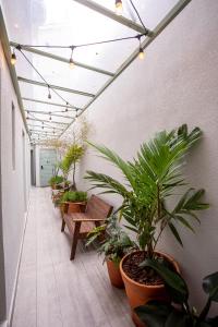 a corridor with benches and potted plants and lights at Casa Savana in São Paulo