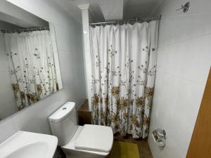 ein Bad mit einem WC und einem Duschvorhang in der Unterkunft TinyApartments - estudio pleno centro Concepción in Concepción