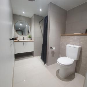 a bathroom with a toilet and a sink and a mirror at 894 Holly Court in Coober Pedy