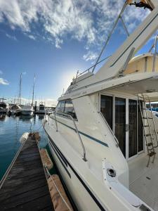 a white boat docked at a dock in the water at Barco Princess Cachucho Fly in Puerto Calero