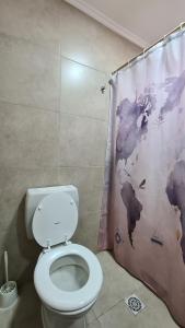 y baño con aseo y un mapa en la cortina de la ducha. en Wanderlust Monoambiente Ushuaia en Ushuaia