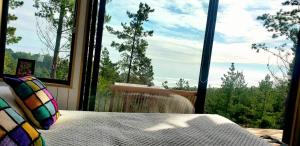 ein Schlafzimmer mit einem Bett und einem großen Fenster in der Unterkunft Tinyhouse Boyeruca Lodge. Maravillosas vistas de Bosque, Mar y Cielo in Vichuquén