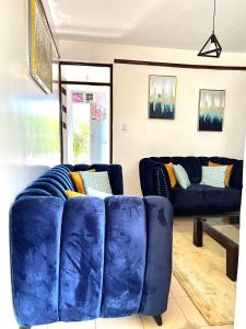 un sofá azul en una sala de estar con 2 sofás azules en Cozy 1br milimani en Kisumu