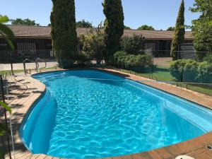 una piscina azul con árboles en el fondo en Country Apartments en Dubbo