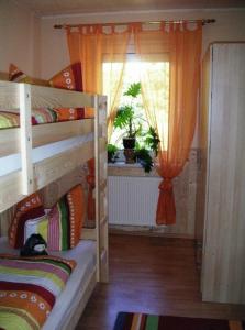 1 dormitorio con 2 literas y ventana en Zeche 33, en Kurort Oberwiesenthal