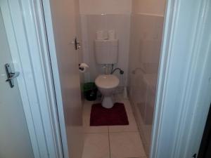 a small bathroom with a toilet and a red rug at The DOLPHIN PLACE in Australind