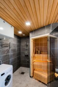 a bathroom with a tub and a shower with a washer at Kolin Aamuranta in Kolinkylä