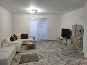 a living room with a couch and a tv at Royal House Trencin in Trenčín
