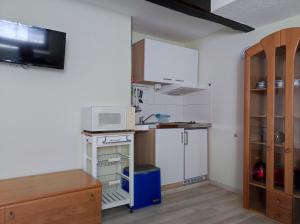 a small kitchen with a stove and a microwave at Hofappartements Flechtingen in Flechtingen