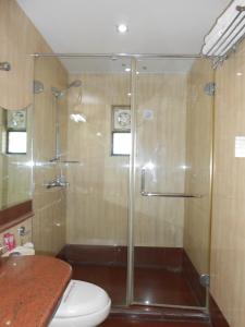ein Bad mit einer Glasdusche und einem WC in der Unterkunft Hotel O2 VIP in Kalkutta