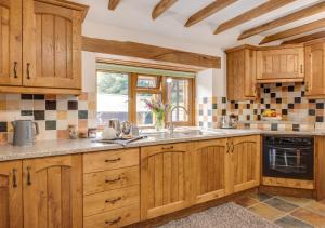 a kitchen with wooden cabinets and a sink at Y Felin in Machynlleth