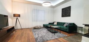 a living room with a green couch and a television at Central garden residence in Levice