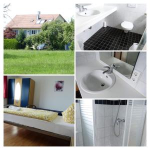 eine Collage mit Bildern eines Badezimmers mit Waschbecken in der Unterkunft Gästezimmer Gross in Tübingen