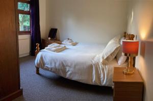 um quarto com uma cama e uma mesa com um candeeiro em Lily's - 3 Bedroom Country Cottage with Large Garden em Sligo