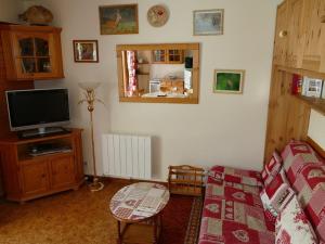 a living room with a couch and a tv at Appartement cosy 6 pers, 2 ch, au pied des pistes, cœur du village, balcon sud, tout confort - FR-1-342-233 in Beaufort