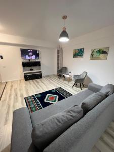 un soggiorno con divano e TV a schermo piatto di Apartament de lux intr-o zona rezidentiala linistita a Iaşi