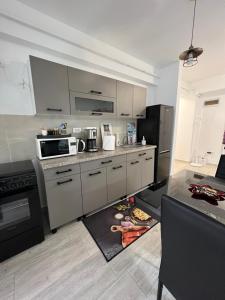 a kitchen with stainless steel appliances and a kitchen rug at Apartament de lux intr-o zona rezidentiala linistita in Iaşi