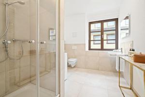 a bathroom with a shower and a toilet at Residenz zu Montfort - Apartment Schlossblick in Tettnang