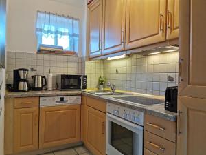 a kitchen with wooden cabinets and a sink at Ziemitz, Paradies am Peenestrom in Ziemitz