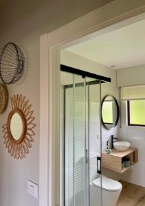 ein Bad mit einem WC und einem Spiegel in der Unterkunft Altos de Baiona in Baiona