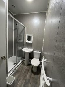 a bathroom with a toilet and a sink and a shower at Byelands House in Middlesbrough