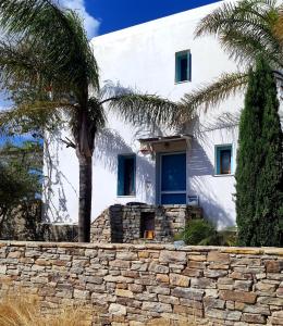 Villa Sofi in Saint George Antiparos (pool&sea) في أنديباروس: بيت ابيض بنخيل وجدار حجري