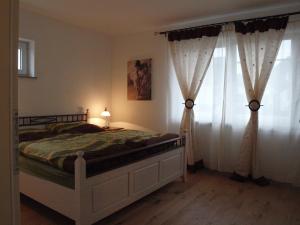 a bedroom with a bed and a window with curtains at Ferienwohnung Magma in Lutzerath