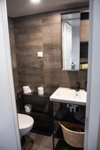 La salle de bains est pourvue d'un lavabo et de toilettes. dans l'établissement PullanHouse Laima - small and cosy lakeside holiday house, à Alūksne
