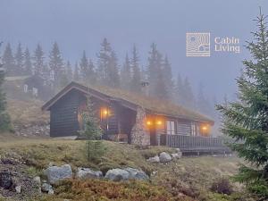 a log cabin with a grass roof at Large cabin at Sjusjøen with sauna, fireplace, view and cross-country skiing in Ringsaker