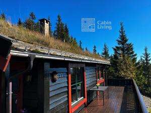 a cabin with a grass roof on a deck at Large cabin at Sjusjøen with sauna, fireplace, view and cross-country skiing in Ringsaker