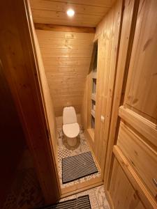 a small bathroom with a toilet in a wooden cabin at Valgesoo maakivivilla kuni 20-le kylalisele in Valgesoo