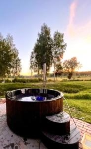 a wooden tub with a water fountain in a field at Valgesoo maakivivilla kuni 20-le kylalisele in Valgesoo