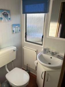 baño con aseo y lavabo y ventana en Jemmima's Caravan with Smart TV and WIFI, en Rhyl