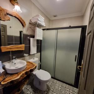 ein Badezimmer mit einem weißen WC und einem Waschbecken in der Unterkunft Olivia1845 Guest House Ayvalık in Ayvalık