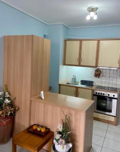 a kitchen with wooden cabinets and a counter top at Vivian’s apartment in Chalkida
