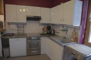 a small kitchen with white cabinets and a sink at Le Square in Bourg-Argental