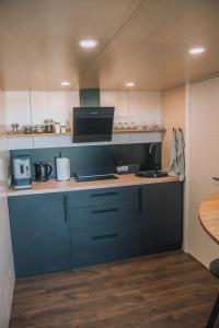 a kitchen with blue cabinets and a sink at PullanHouse Līksma - small and cosy lakeside holiday house in Alūksne