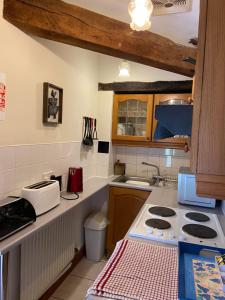 a kitchen with a sink and a stove top oven at Tupenny Cottage, Old Mill Farm, Cotswold Water Park in Cirencester